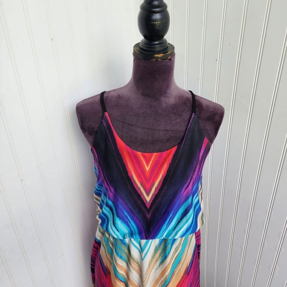 Alloy Apparel Maxi Long Dress Red Blue Sleeveless Geometric Stretch Strap Sz M - Picture 2 of 13